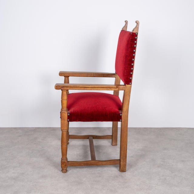 Rustic Vintage Burgundy Oak Armchair, 1920s For Sale - Image 3 of 6