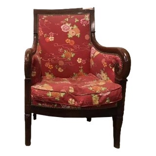 Bergère Chair in Red Upholstery & Walnut For Sale