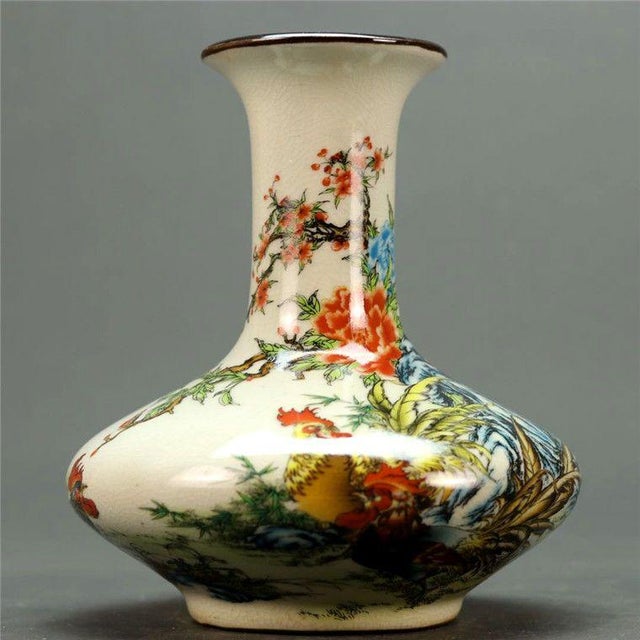 Mid 20th Century Vintage Chinese Rooster & Floral Porcelain Vase - 6.5" For Sale - Image 5 of 8