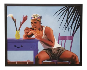 Original Acrylic Painting Man Eating Papaya C.2005