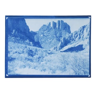 Vintage Mixed Media Blue Desert Mountain Cliff Landscape Photograph For Sale