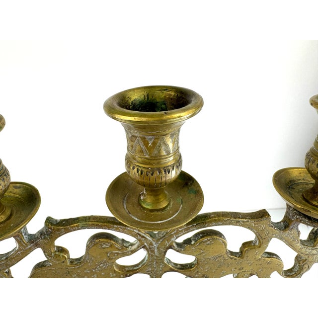 Brass Ornate Vintage Brass Five-Arm Candelabra With Stylized Lions and Hand-Etched Detail For Sale - Image 8 of 16