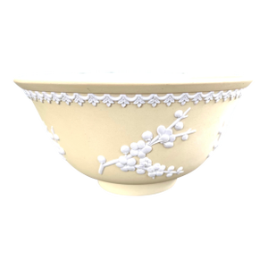 1970s Wedgwood England Primrose Yellow Jasperware Bowl With White Floral Relief