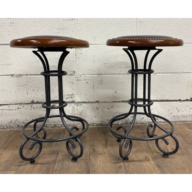 Vintage Virginia House Oxblood Burgundy Vinyl Nailhead Swivel Backless Barstools For Sale - Image 11 of 15