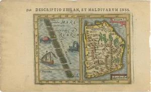 Antique Miniature Map of Ceylon Sri Lanka and the Maldives by Bertius, 1618