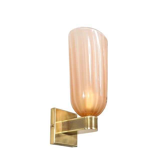 Modern Modernist Hand-Blown Smoked Rose Murano Fluted Glass Sconces With Brass Fittings For Sale - Image 3 of 17