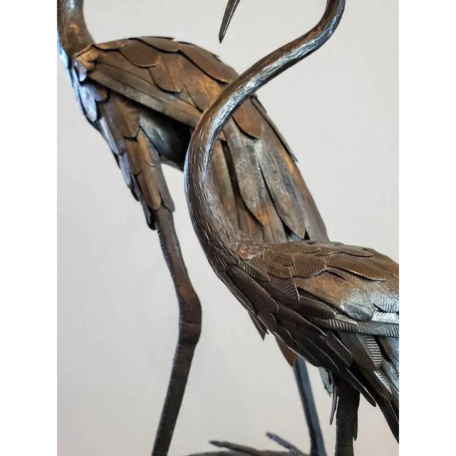 1940s French Mid-Century Japanesque Bronze Crane Bird Sculptures on Wrought Iron Pedestal - Zen Garden Statue For Sale - Image 9 of 11