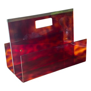 Vintage Magazine Rack in Tortoiseshell Acrylic Glass and Brass by Michel Dumas for Roche Bobois, 1970s For Sale