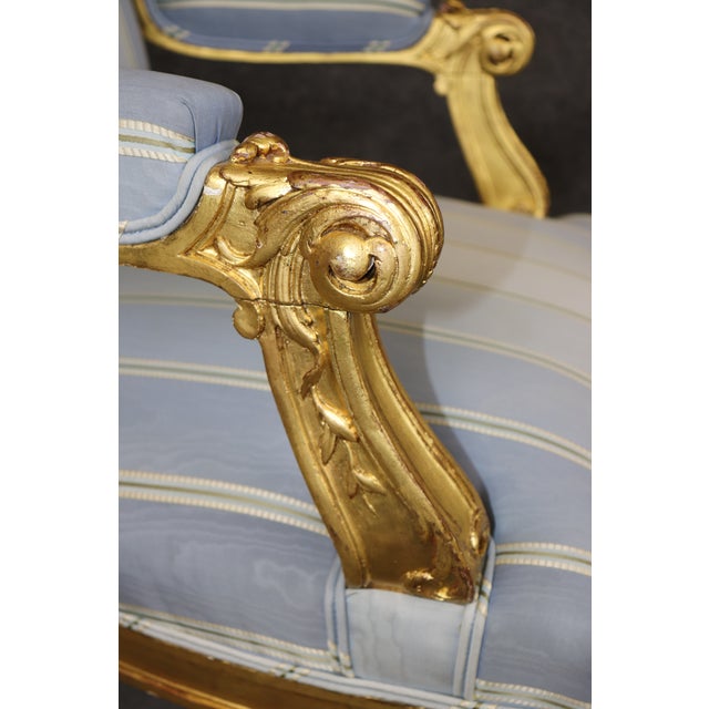 19th C. Pair French Napoleonic Style Armchairs, Giltwood & Blue Upholstery For Sale - Image 13 of 16