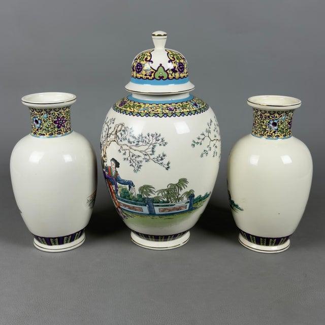 Oriental Vases in Japanese Polychrome Ceramic, Set of 3 For Sale - Image 3 of 13