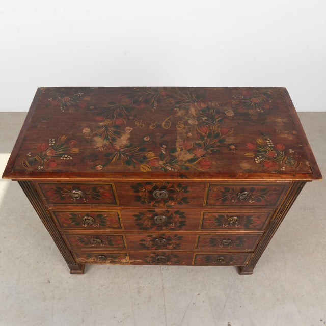 Hungarian Original Hand-Painted Pine Chest of Four Drawers Dated 1865 For Sale - Image 4 of 18