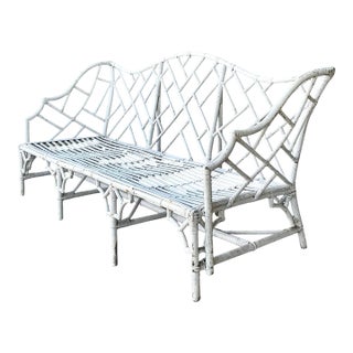 Vintage Chinese Chippendale Camel Back Rattan Sofa For Sale