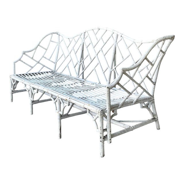 Vintage Chinese Chippendale Camel Back Rattan Sofa For Sale