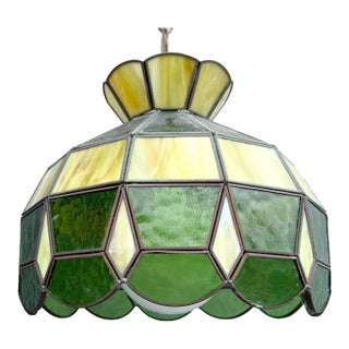 Mid Century Green Stained Glass Pendant Lamp For Sale