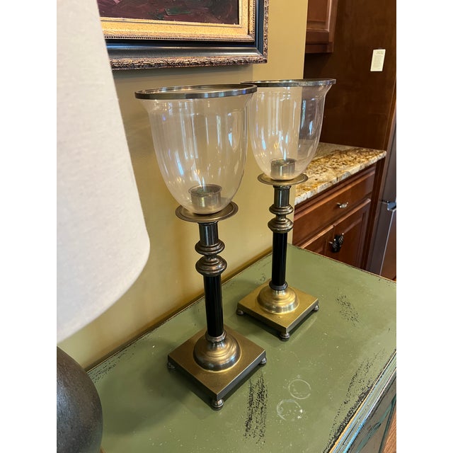 Regency Style Brass Hurricane Lamps, Neoclassical Candlesticks With Glass Shades For Sale - Image 6 of 10