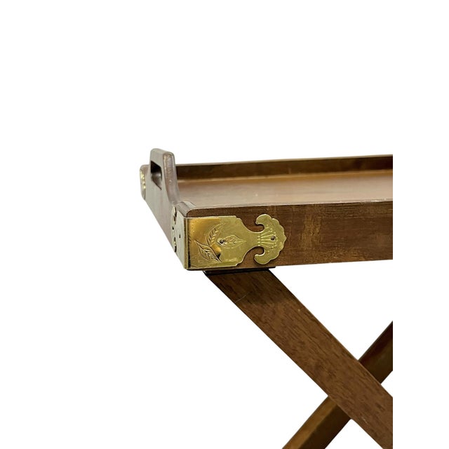 Campaign Vintage English Style Campaign Folding Tray Tables, Pair – Brass Gallery Tray on Folding Wooden Stands For Sale - Image 3 of 18