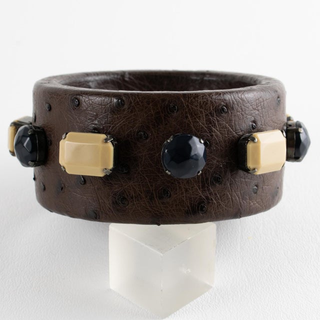 Prada Cocoa Brown Ostrich Leather Jeweled Bangle Bracelet For Sale In Atlanta - Image 6 of 8