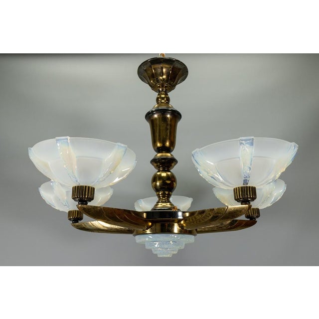 Art Deco Bronze and Opalescent Glass Six-Light Chandelier attributed to Ezan, France For Sale - Image 16 of 18