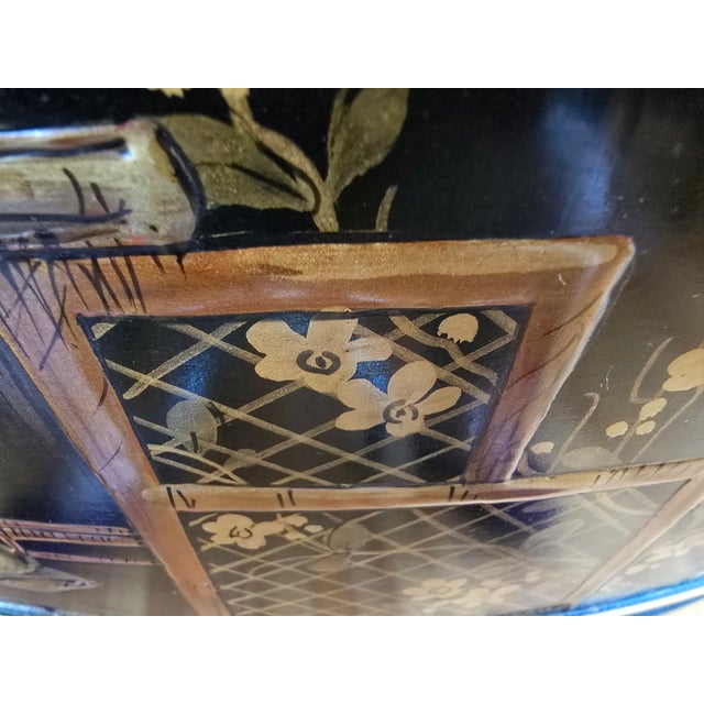 1950s 1950s Vintage Black Lacquer & Gold Inlay Demilune Chest With Asian-Inspired Motifs and Three Drawers For Sale - Image 5 of 11