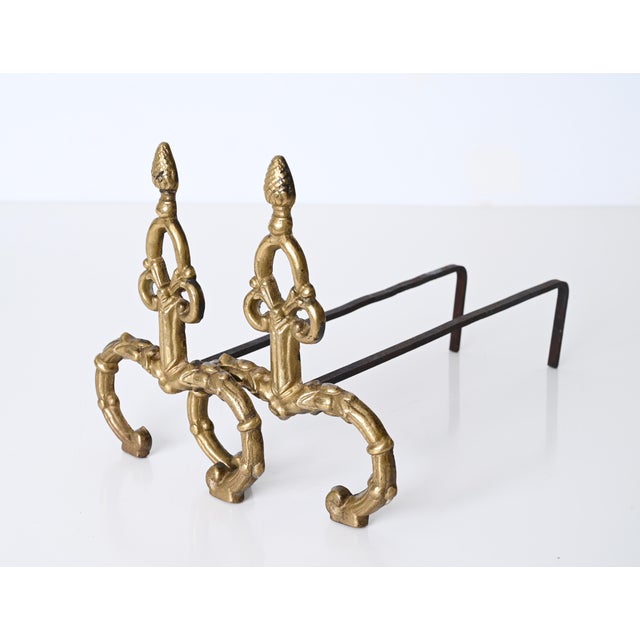 Precious pair of andirons in gilded bronze and forged iron in Louis XV style. These stunning firedogs were made in Italy...