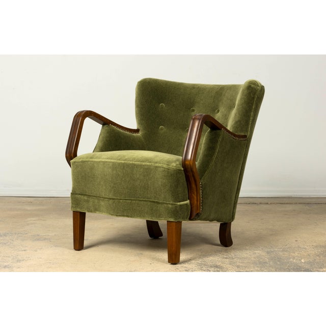 Olive Danish Art Deco Lounge Chairs by Alfred Christensen, Walnut & Mohair, 1940s For Sale - Image 8 of 18