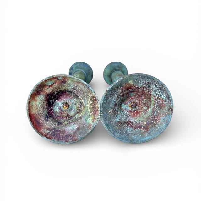 Mid 20th Century Vintage Sculpted Verdigris Metal Candleholders - A Pair For Sale - Image 5 of 5