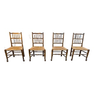 Vintage English Country Lancashire Spindle Back Rush Seat Dining Side Chairs. Set of 4 For Sale