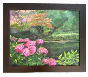 20th Century Hydrangea Landscape Oil Painting on Canvas Signed & Framed