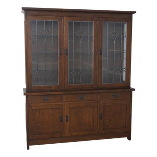 Stickley Mission Oak Leaded Glass China Cabinet For Sale