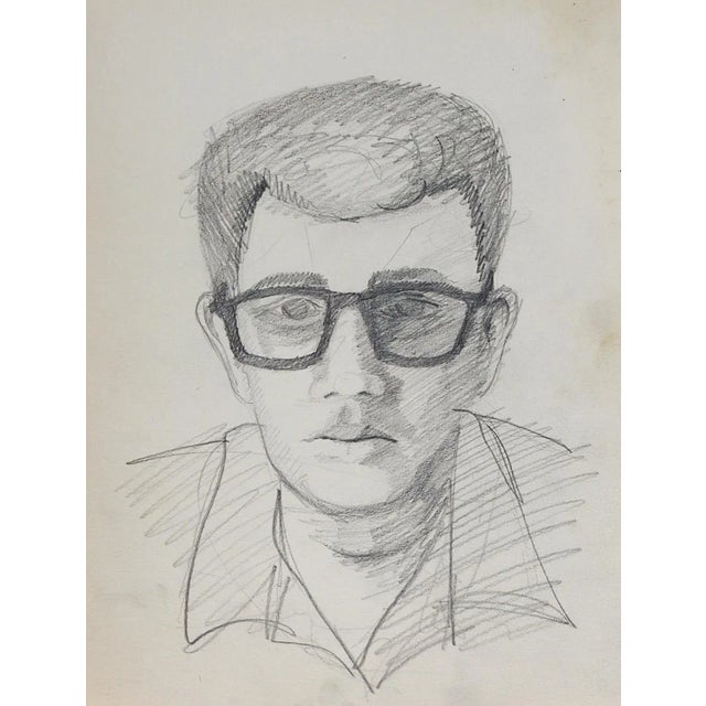 Mid-Century Modern Vintage Mid Century Man in Glasses Portrait Drawing For Sale - Image 3 of 3