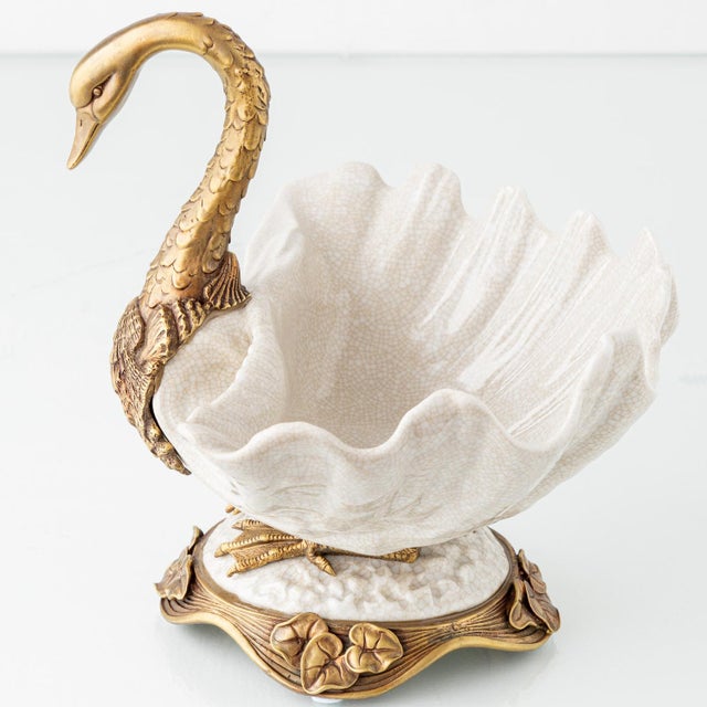 Metal Hollywood Regency Sculptural Porcelain Swan Bowl For Sale - Image 7 of 16