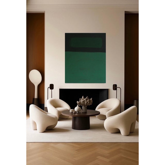 This artwork explores the depth and richness of green through a composition deliberately reduced to a few horizontal...