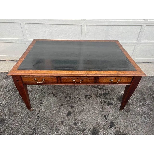 English Antique 19th Century George Style Tiger Oak Leather Inset Writing Table Desk For Sale - Image 3 of 13