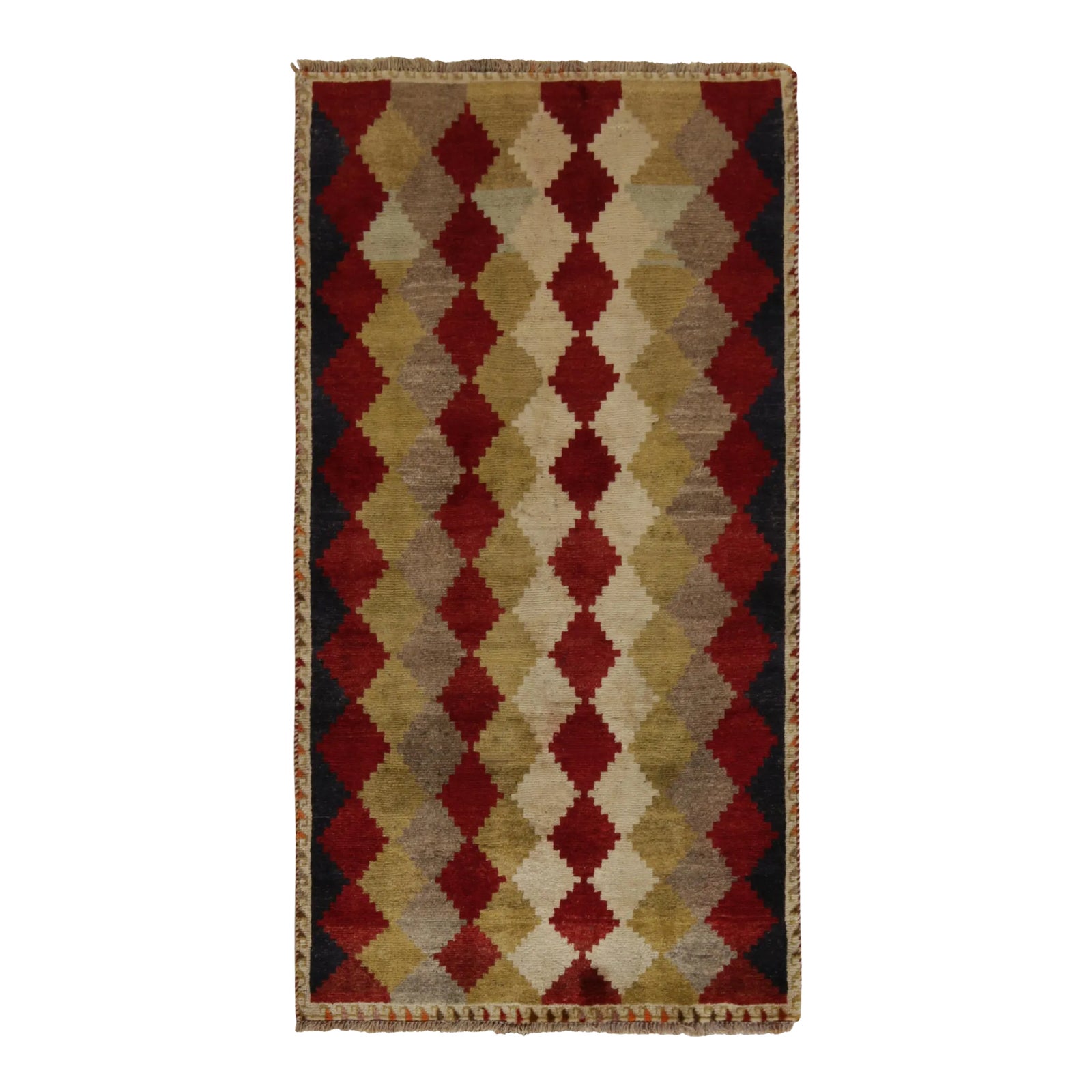 1950s Vintage Gabbeh Tribal Runner in Red and Beige-Brown Diamond ...