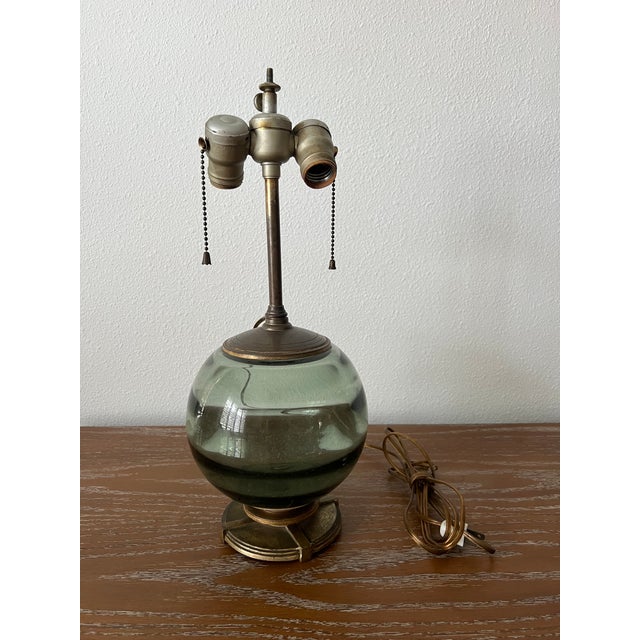Glass Petite 1930s Art Deco Smoke Blue-Green-Grey Art Glass Table Lamp With Patinated Metal Base For Sale - Image 7 of 11