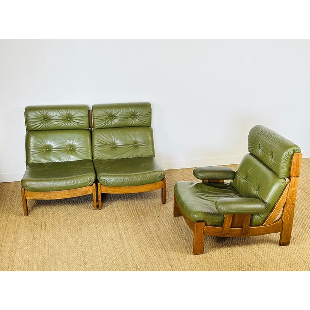 1960s Vintage Scandinavian Modular Sofa in Green Leather and Oak, 1960s, Set of 3 For Sale - Image 5 of 18