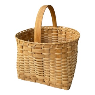 Vintage French Square Splint Wood Gathering Basket — Hand‑Woven Market Tote For Sale