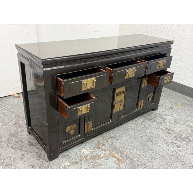 Mid 20th Century Tianjin Influenced Black Lacquer Sideboard, Vintage For Sale - Image 5 of 12