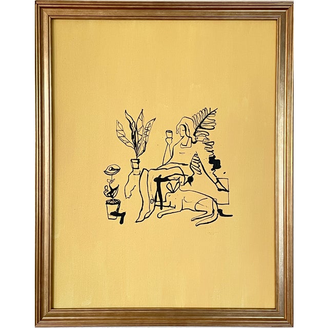 Textile Original Yellow Ink Painting of a Woman Reclining With Cat by Max and Alma For Sale - Image 7 of 7