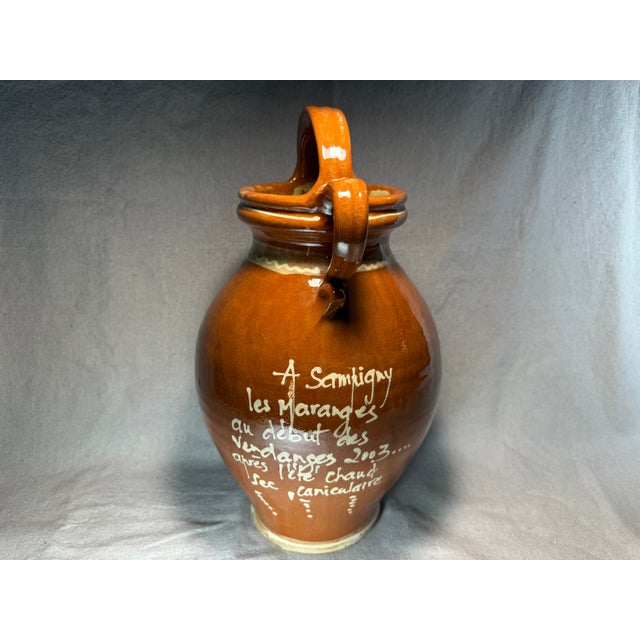 French Artisan Pottery Harvest Jug — Hand-Thrown Terracotta Glazed Vessel, 2003 Grape Harvest Commemorative For Sale - Image 13 of 16
