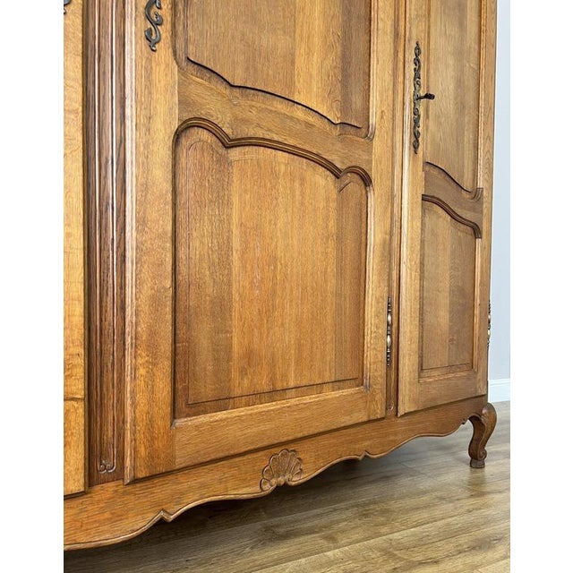 Brown Vintage French Louis XVI Style Carved Oak 3-Door Wardrobe For Sale - Image 8 of 12