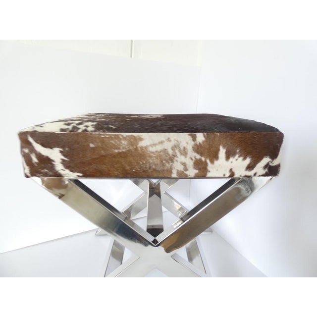 Vintage French Cowhide & Stainless Steel Footstool attributed to 23homedesign For Sale - Image 6 of 8