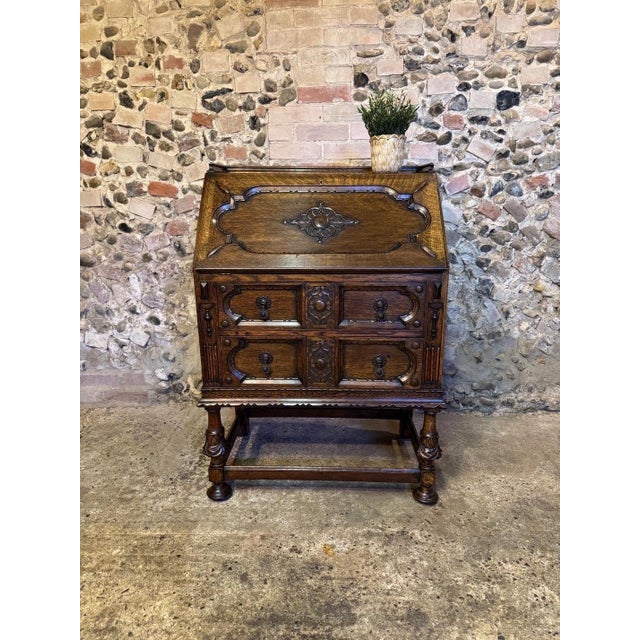 1920s Vintage Jacobean Carved Oak Secretaire, 1920 For Sale - Image 5 of 18