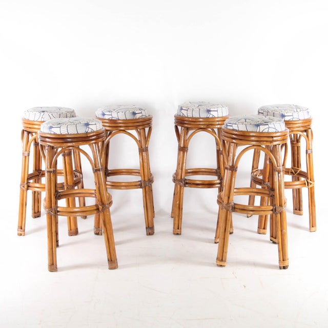 Light Yellow Rattan Stools with Seat Cushions, 1970s, Set of 6 For Sale - Image 8 of 11