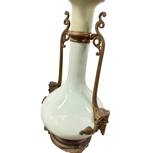 1960s Antique 19th C French Louis XVI Ormolu & Celadon Porcelain Lamps - A Pair For Sale - Image 5 of 18
