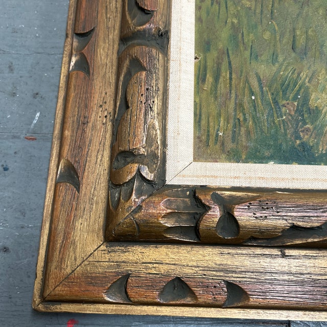 Paint 1940’s Original Folk Art Dogs Running Through Field Landscape Painting For Sale - Image 7 of 8