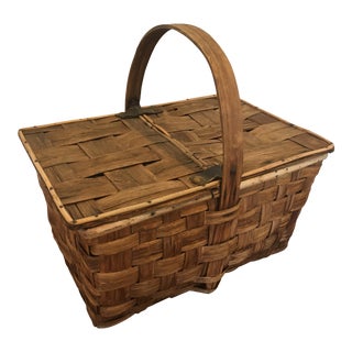 Early 20th Century Woven Basket With Leather and Stud Accents For Sale