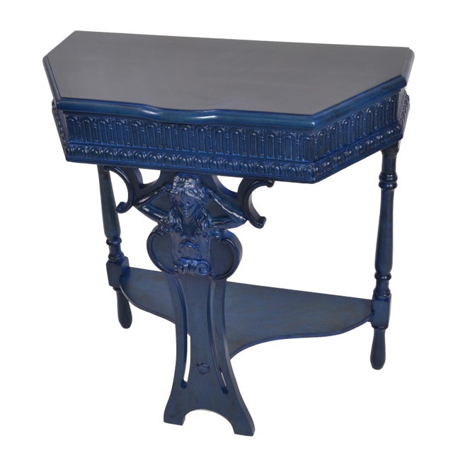 Art Nouveau Hand Carved Wood Console Table, Hallway Table Blue Finish
