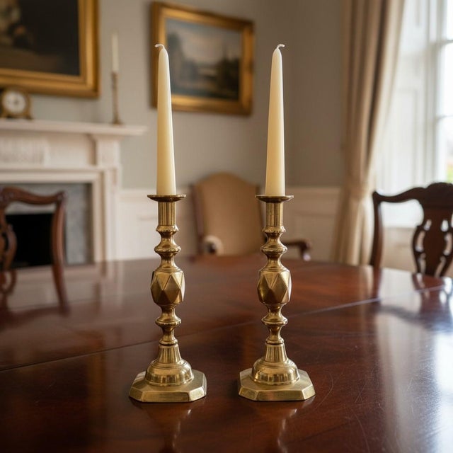 Antique English “The Queen of Diamonds” brass candlesticks, attributed to James Clews & Sons of Birmingham, England, circa...