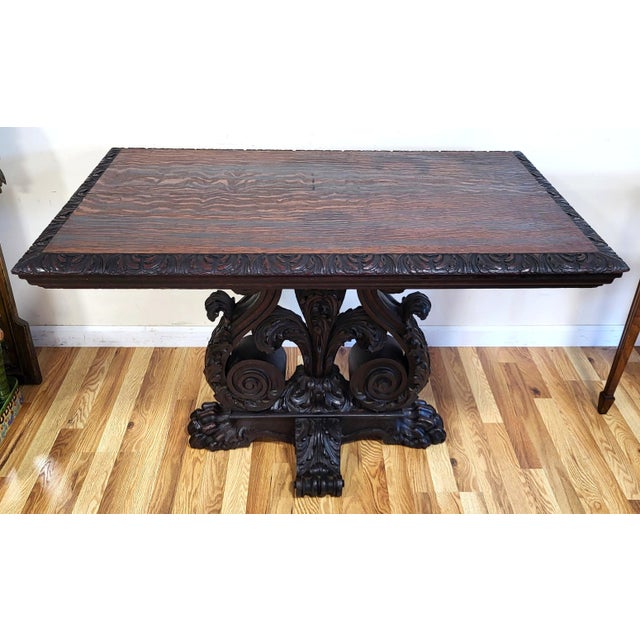 Wood Antique American Carved Oak "Fleur-De-Lis" Base Renaissance Library Center Table For Sale - Image 7 of 13